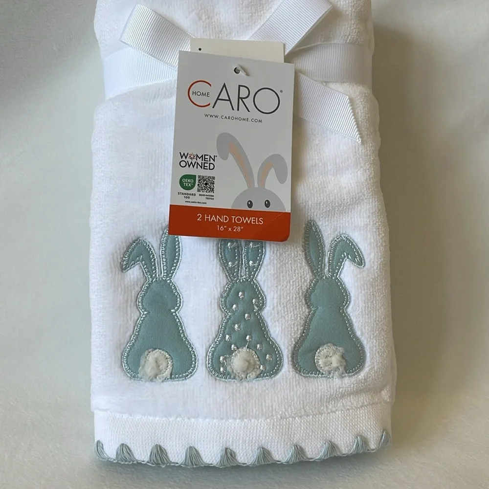 CARO Home, 100% Cotton White and Blue/Green Bunny Back Hand Towels, Set of 2